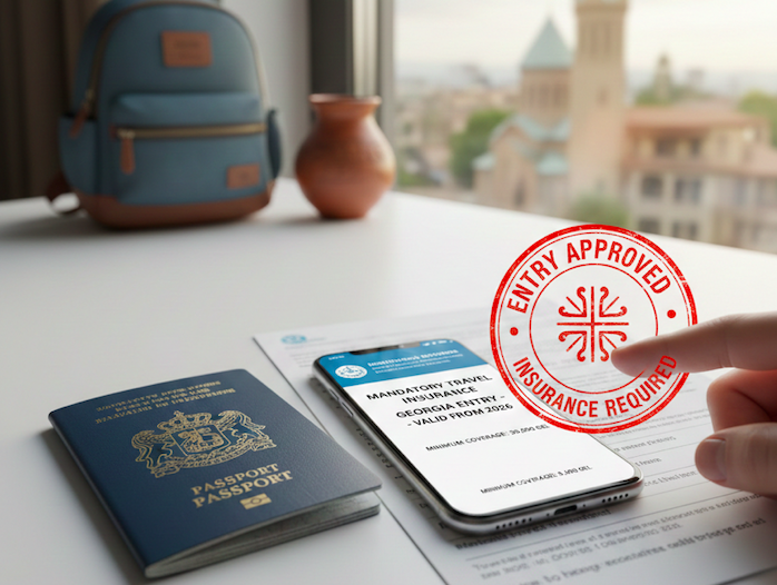 Passport and smartphone displaying "Mandatory Travel Insurance Georgia Entry - Valid From 2026" and a stamp reading "Entry Approved, Insurance Required," illustrating the new mandatory travel insurance law for Georgia.