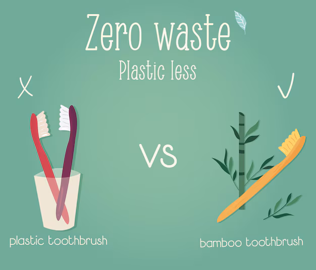 Zero waste concept image: choosing degradable bamboo made toothbrush over single-use plastic product